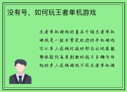 没有号，如何玩王者单机游戏